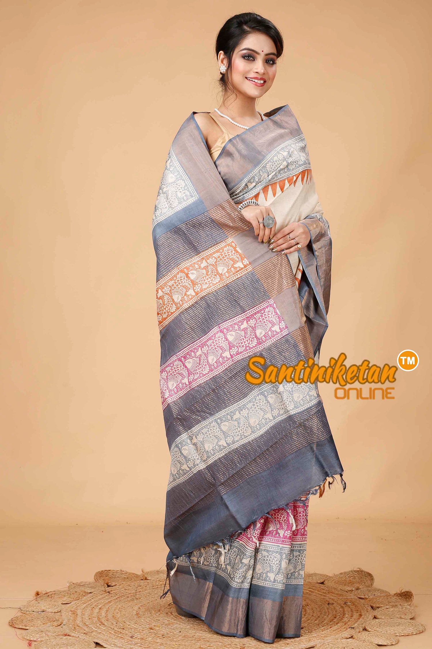 Pure Zari Tussar Hand Block Painted Saree SNN202416128