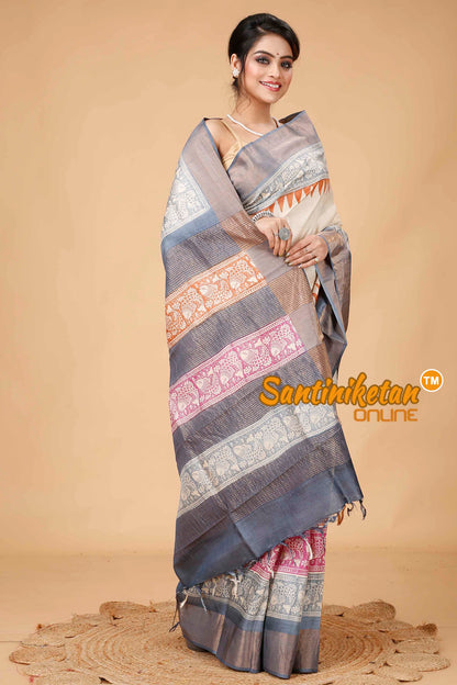 Pure Zari Tussar Hand Block Painted Saree SNN202416128