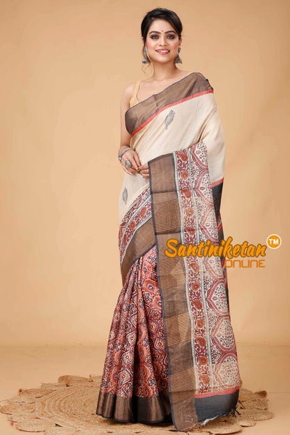 Pure Zari Tussar Hand Block Painted Saree SNN202416138
