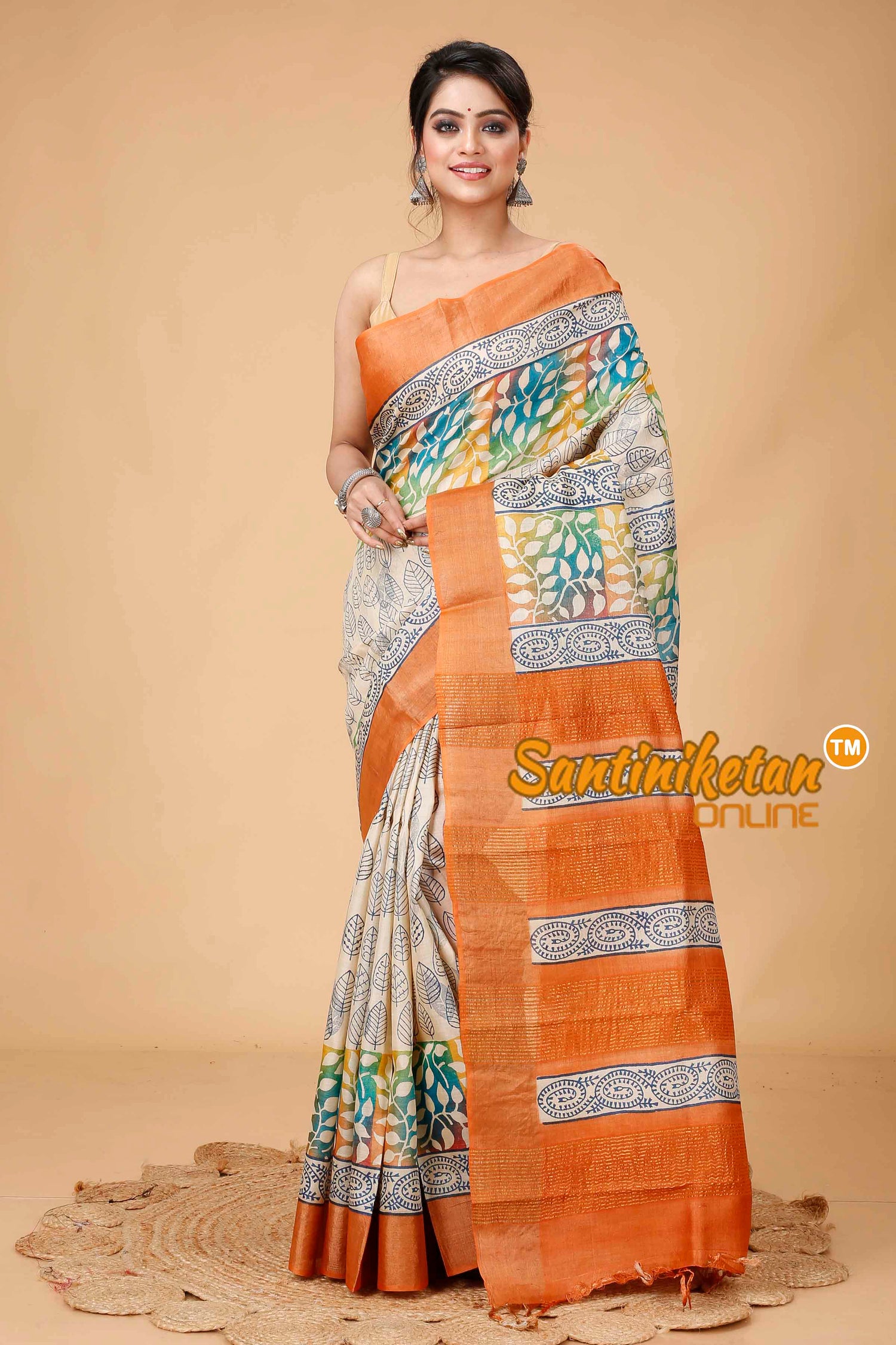 Pure Zari Tussar Hand Block Painted Saree SNN202416143