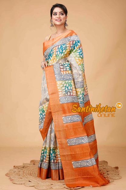 Pure Zari Tussar Hand Block Painted Saree SNN202416143