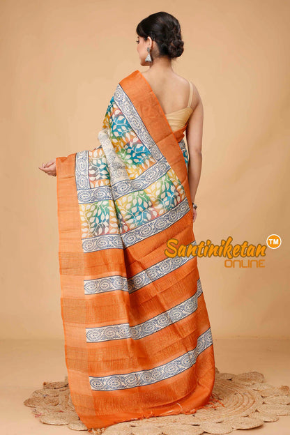 Pure Zari Tussar Hand Block Painted Saree SNN202416143