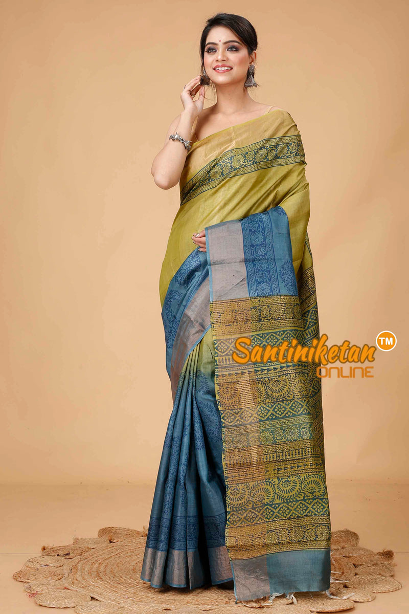 Pure Zari Tussar Hand Block Painted Saree SN202416148