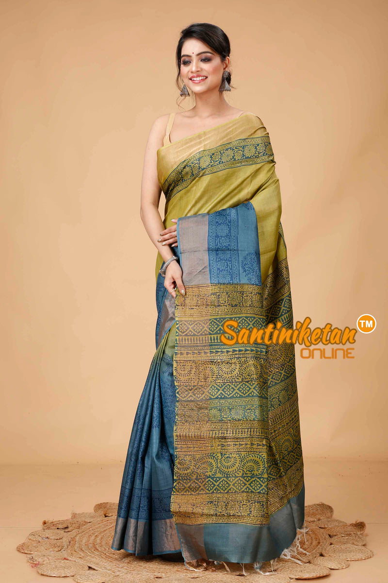 Pure Zari Tussar Hand Block Painted Saree SN202416148