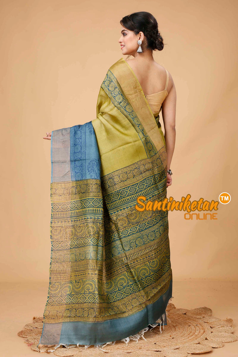 Pure Zari Tussar Hand Block Painted Saree SN202416148