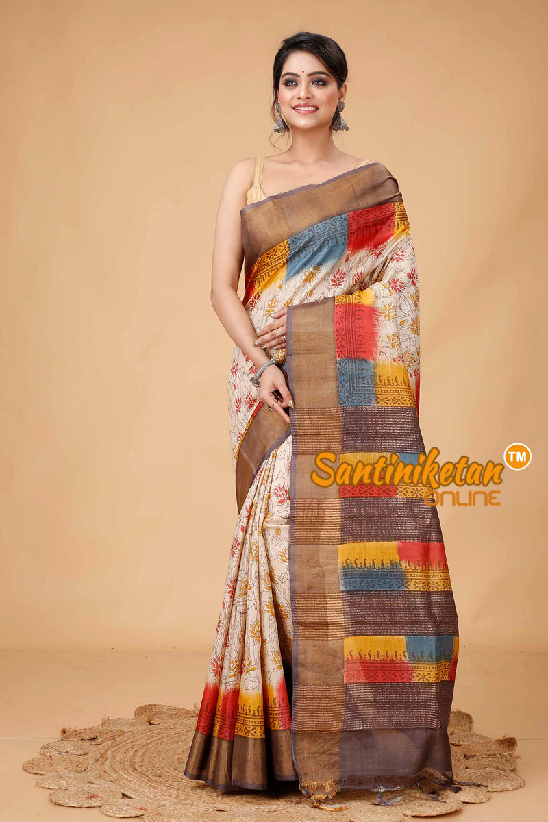 Pure Zari Tussar Hand Block Painted Saree SNN202416153