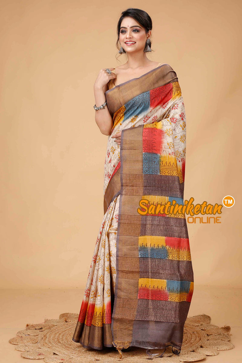 Pure Zari Tussar Hand Block Painted Saree SNN202416153