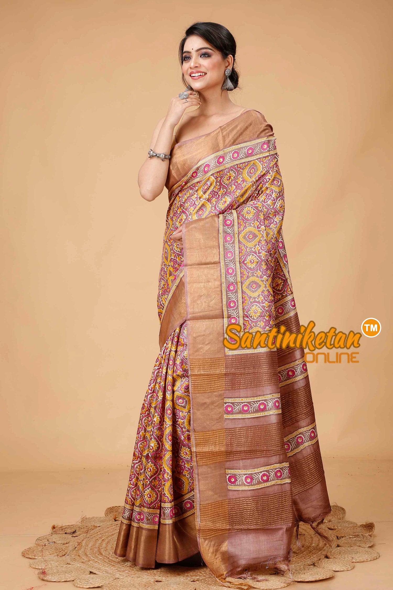 Pure Zari Tussar Hand Block Painted Saree SNN202416163