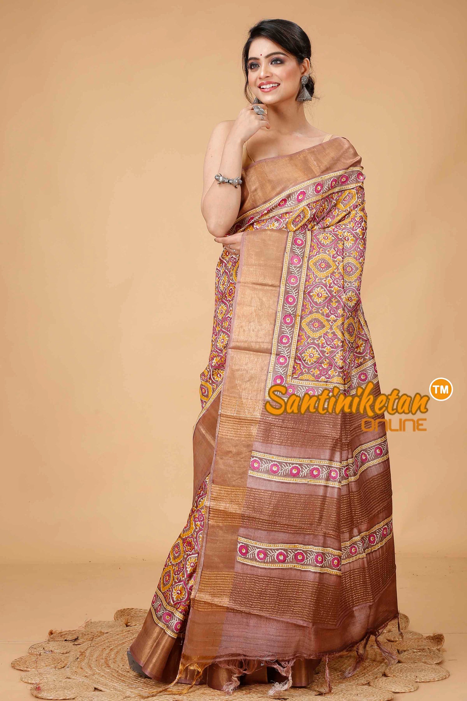 Pure Zari Tussar Hand Block Painted Saree SNN202416163
