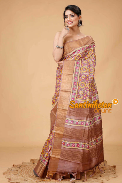 Pure Zari Tussar Hand Block Painted Saree SNN202416163