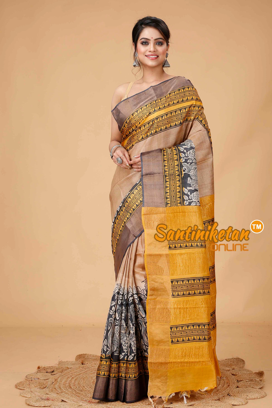 Pure Zari Tussar Hand Block Painted Saree SNN202416168