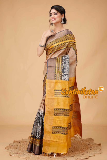 Pure Zari Tussar Hand Block Painted Saree SNN202416168