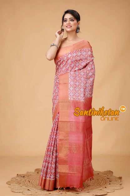 Pure Zari Tussar Hand Block Painted Saree SNN202416173