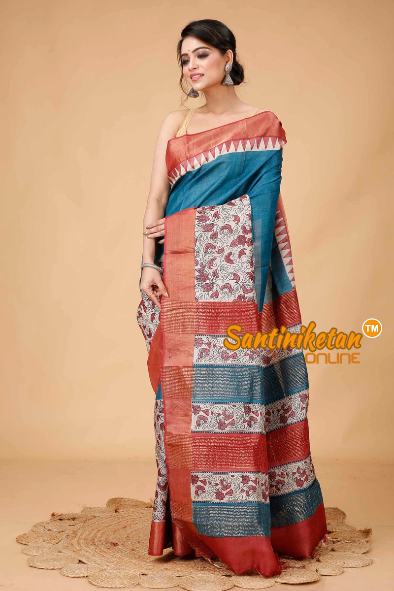 Pure Zari Tussar Hand Block Painted Saree SNN202416188