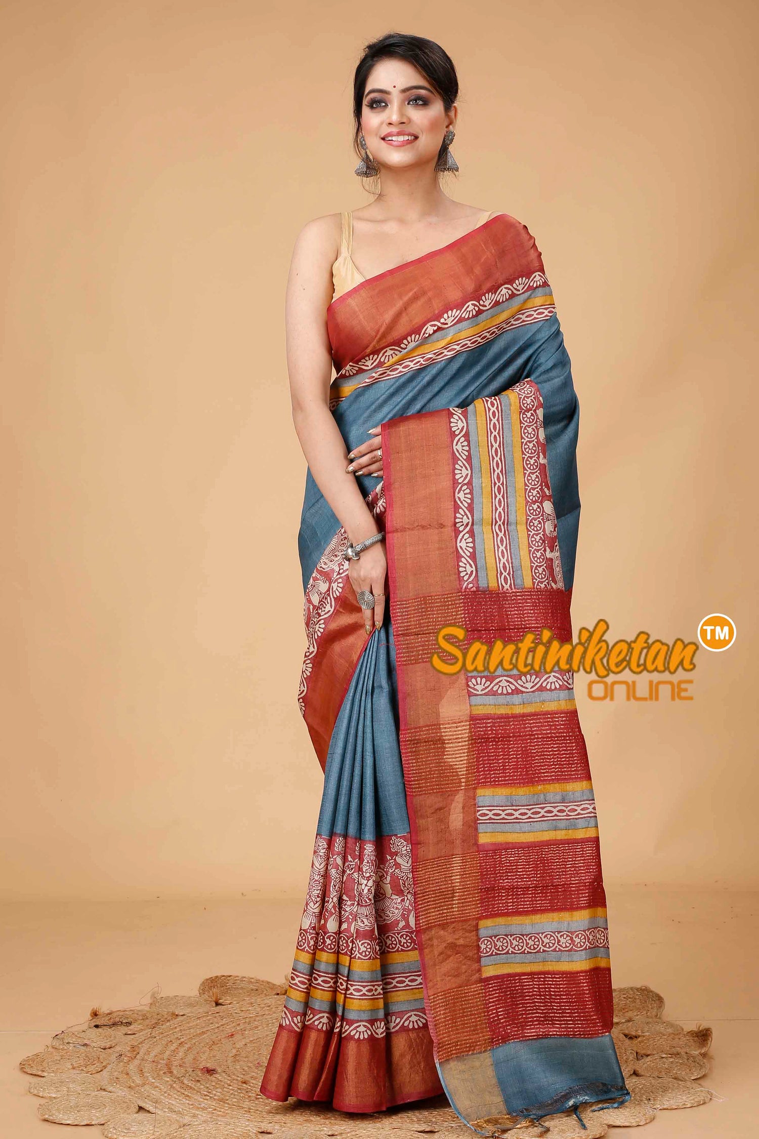 Pure Zari Tussar Hand Block Painted Saree SNN202416193