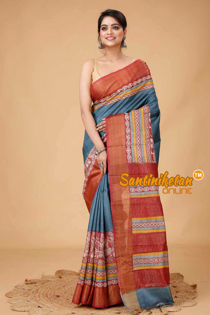 Pure Zari Tussar Hand Block Painted Saree SNN202416193