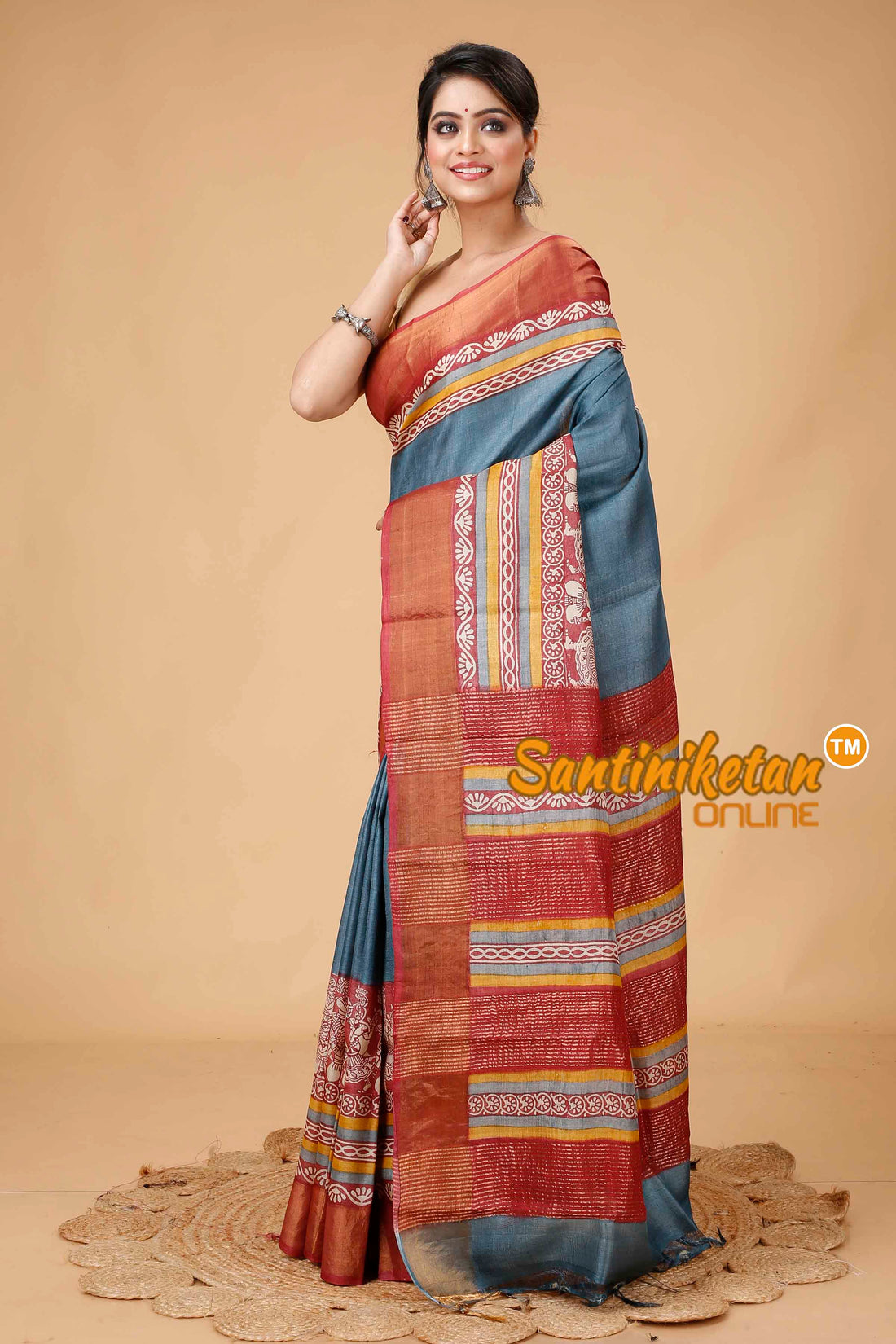 Pure Zari Tussar Hand Block Painted Saree SNN202416193
