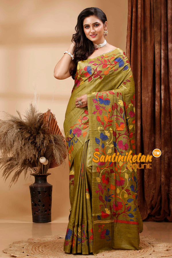 Pure Dye Ketiya Tussar Silk Kantha Stitch Saree SN202416847