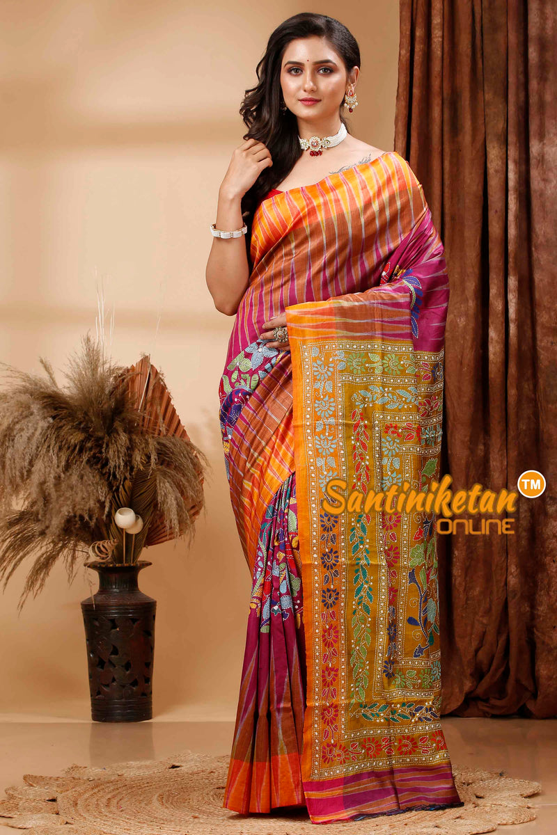 Bishnupuri (Katan) Silk Kotki Border With Kantha Stitch Saree SN202417021