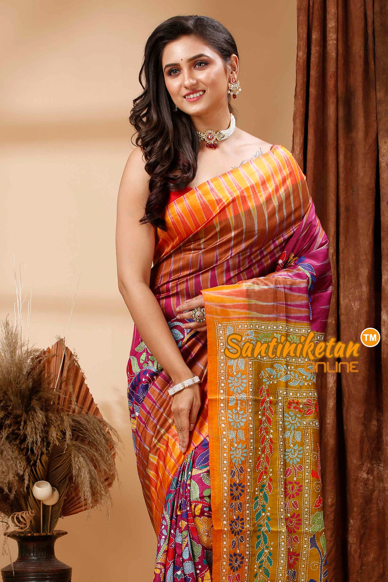 Bishnupuri (Katan) Silk Kotki Border With Kantha Stitch Saree SN202417021