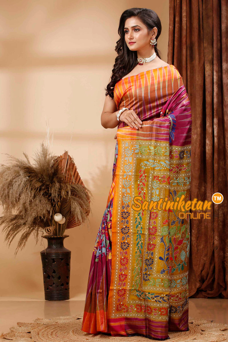 Bishnupuri (Katan) Silk Kotki Border With Kantha Stitch Saree SN202417021