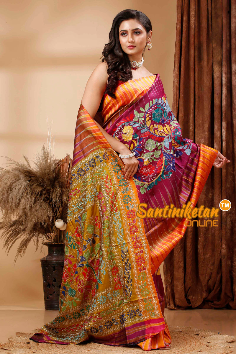 Bishnupuri (Katan) Silk Kotki Border With Kantha Stitch Saree SN202417021