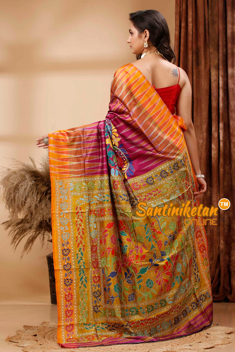 Bishnupuri (Katan) Silk Kotki Border With Kantha Stitch Saree SN202417021