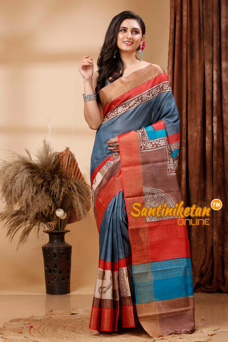 Pure Zari Tussar Hand Block Painted Saree SN202417206