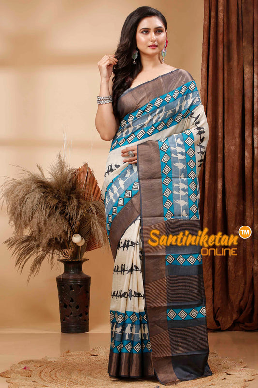 Pure Zari Tussar Hand Block Painted Saree SN202417212