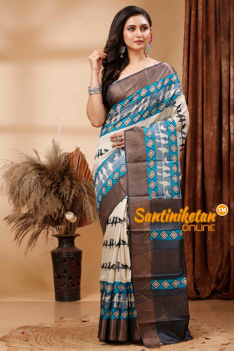 Pure Zari Tussar Hand Block Painted Saree SN202417212