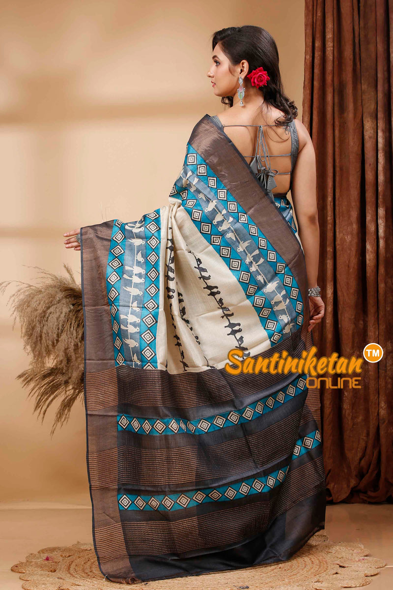 Pure Zari Tussar Hand Block Painted Saree SN202417212