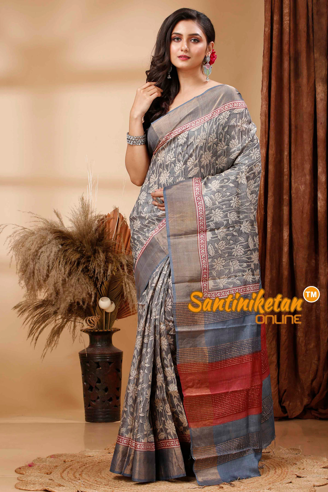 Pure Zari Tussar Hand Block Painted Saree SN202417236