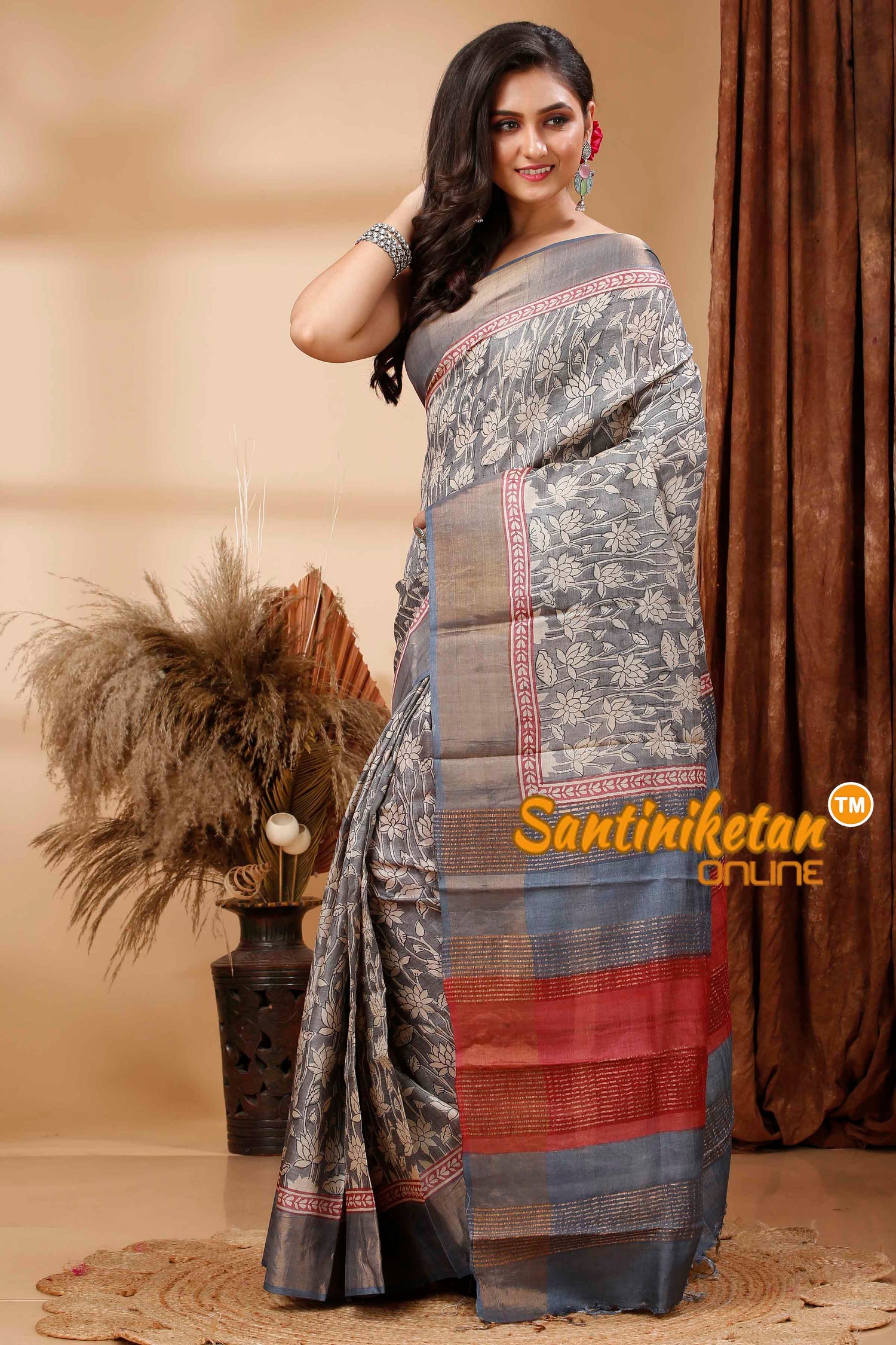 Pure Zari Tussar Hand Block Painted Saree SN202417236