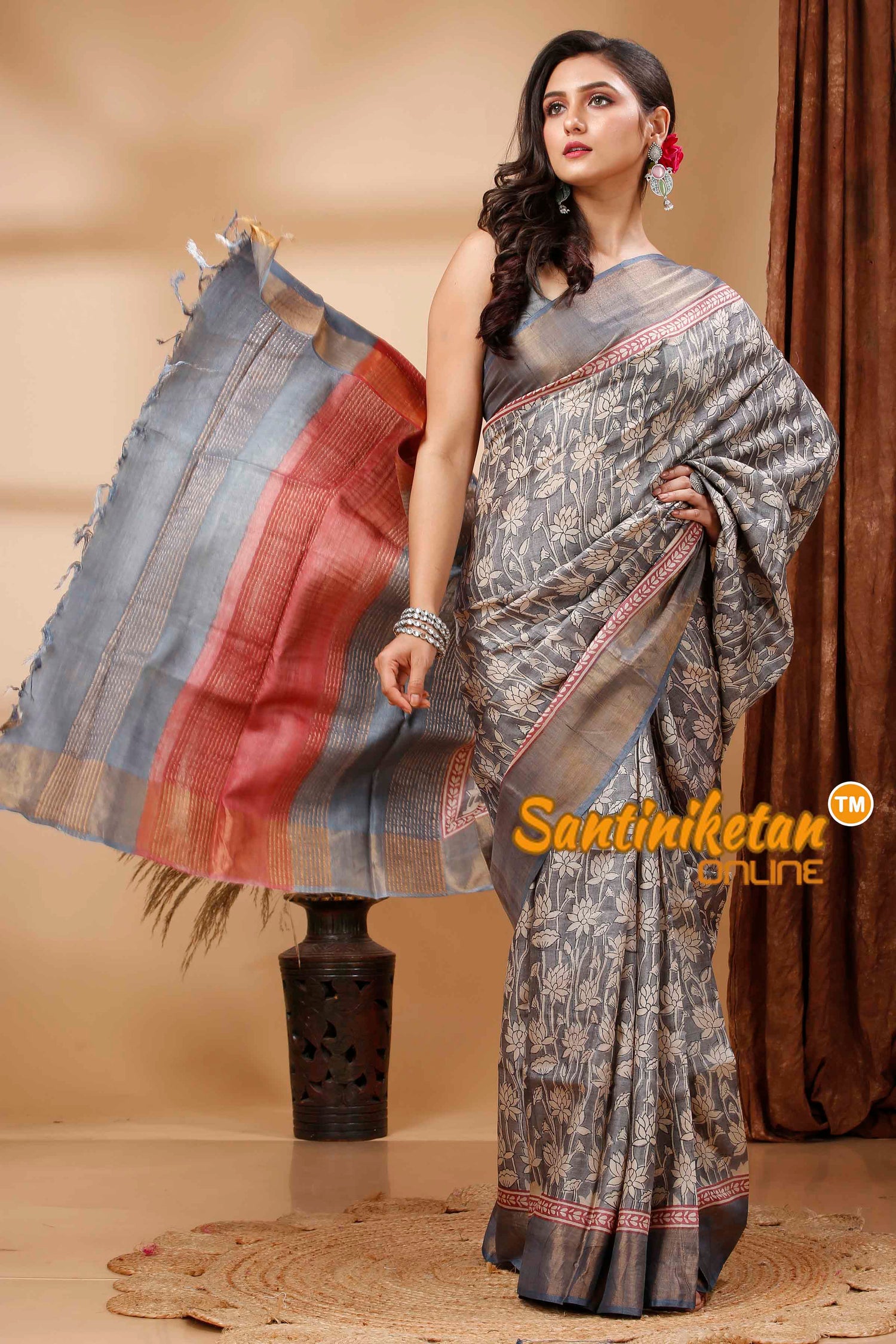 Pure Zari Tussar Hand Block Painted Saree SN202417236