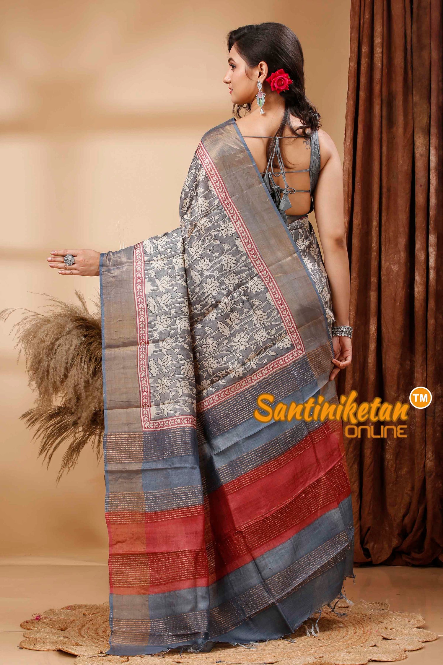 Pure Zari Tussar Hand Block Painted Saree SN202417236