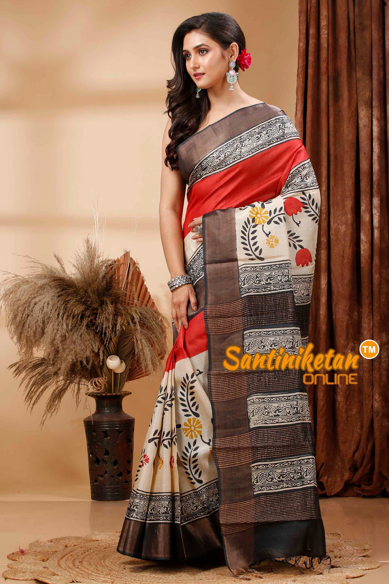 Pure Zari Tussar Hand Block Painted Saree SN202417248