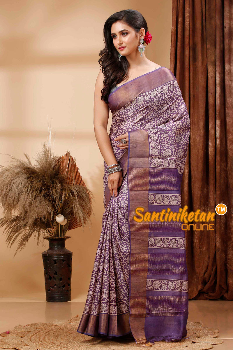 Pure Zari Tussar Hand Block Painted Saree SN202417254