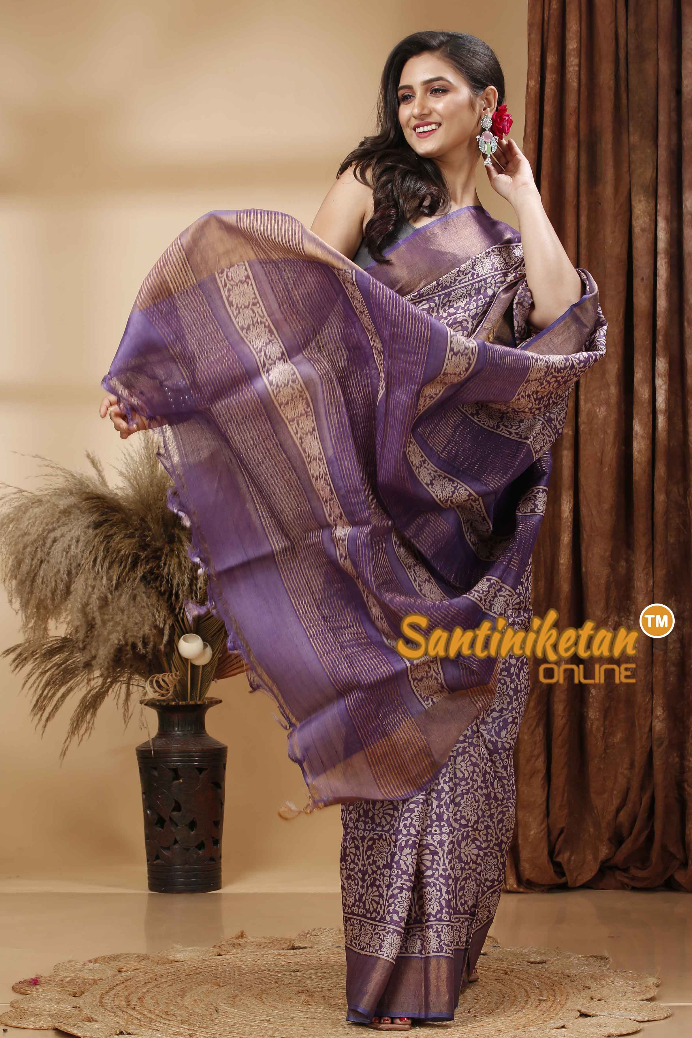 Pure Zari Tussar Hand Block Painted Saree SN202417254