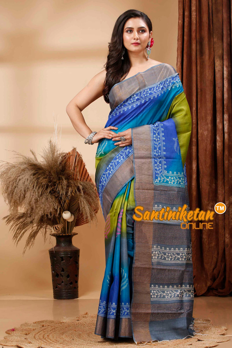 Pure Zari Tussar Hand Block Painted Saree SN202417260