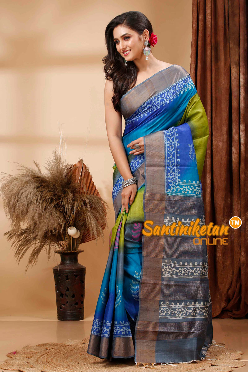 Pure Zari Tussar Hand Block Painted Saree SN202417260