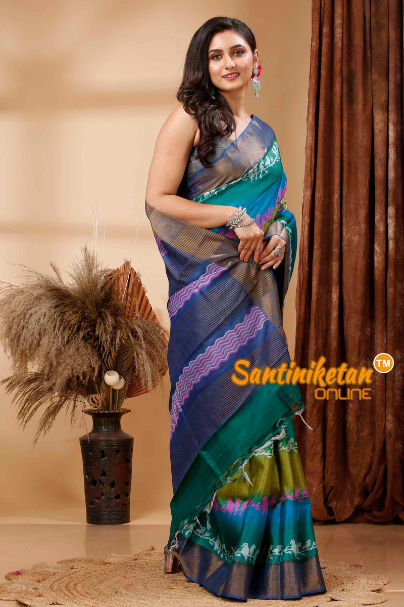 Pure Zari Tussar Hand Block Painted Saree SN202417266