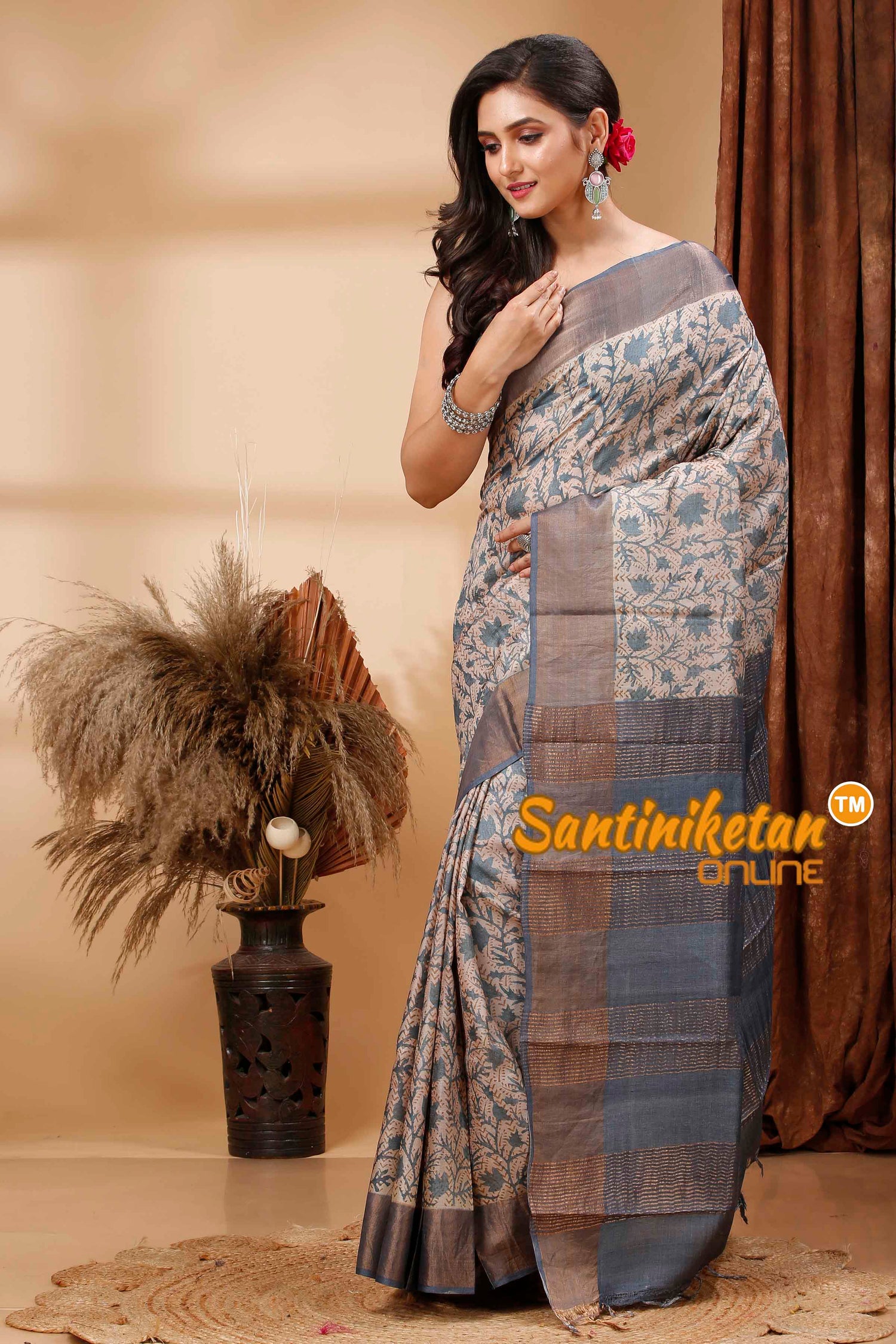 Pure Zari Tussar Hand Block Painted Saree SN202417278