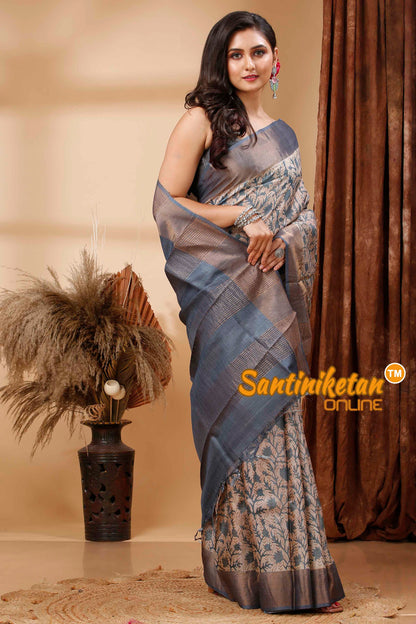 Pure Zari Tussar Hand Block Painted Saree SN202417278