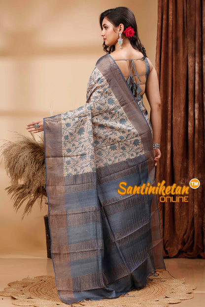 Pure Zari Tussar Hand Block Painted Saree SN202417278