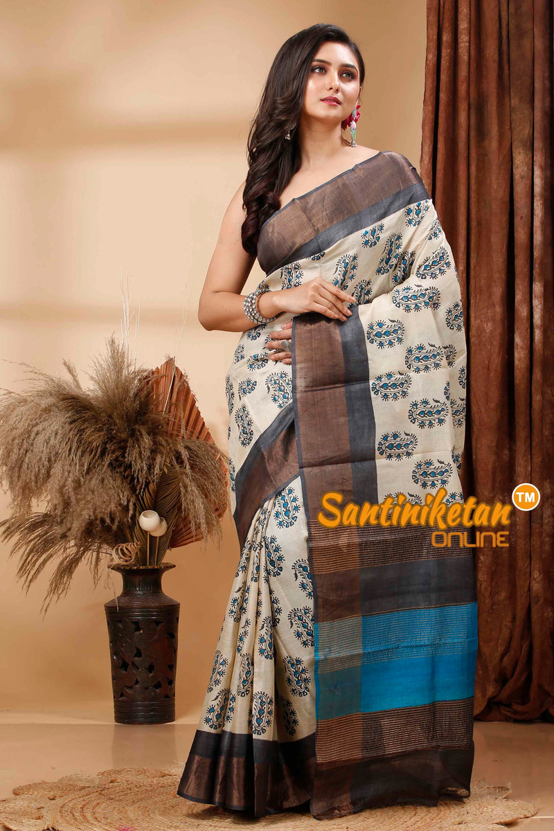 Pure Zari Tussar Hand Block Painted Saree SN202417296