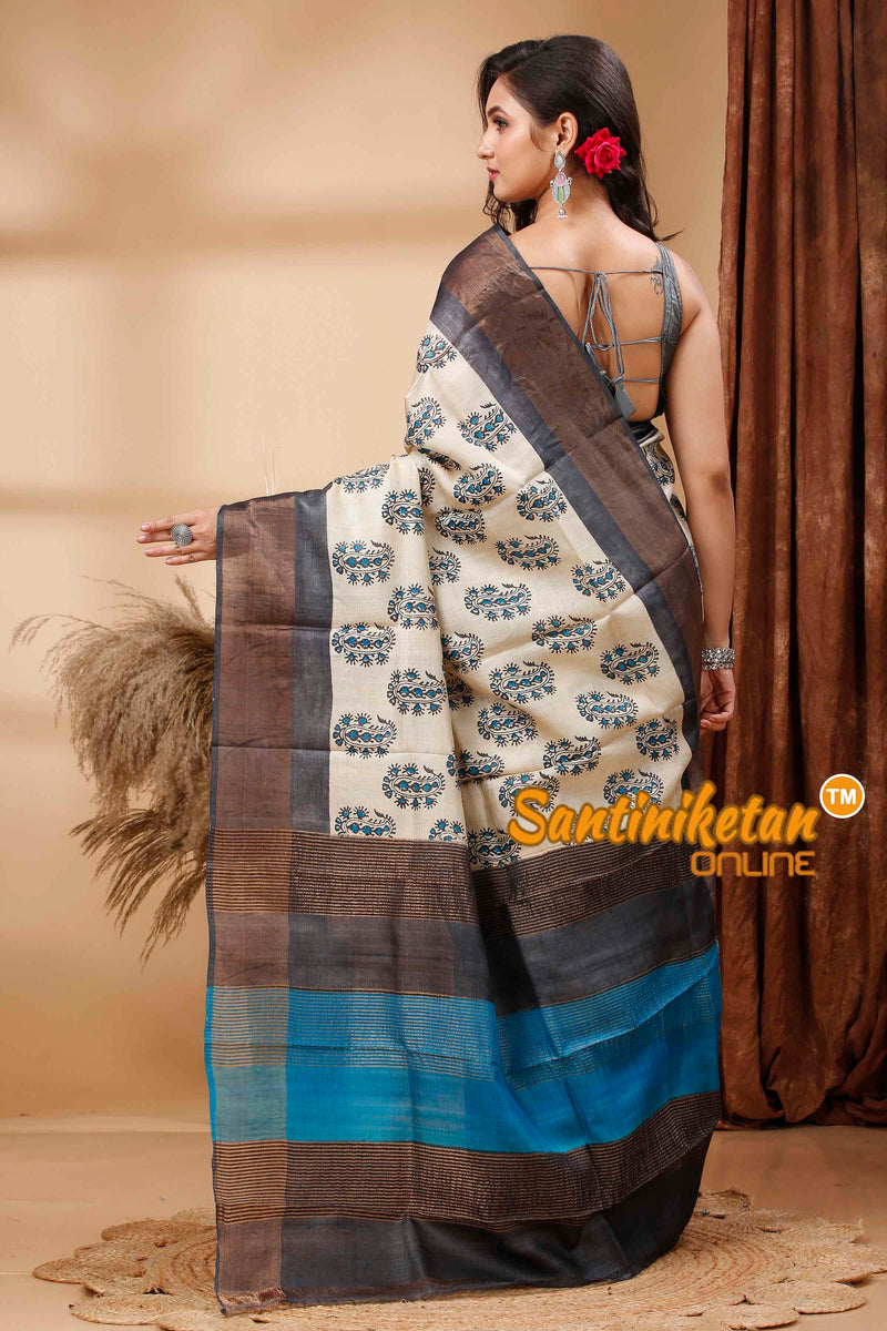 Pure Zari Tussar Hand Block Painted Saree SN202417296