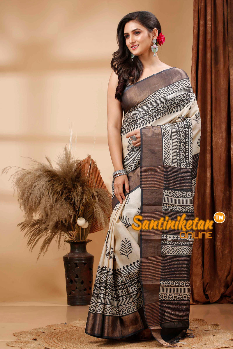 Pure Zari Tussar Hand Block Painted Saree SN202417356