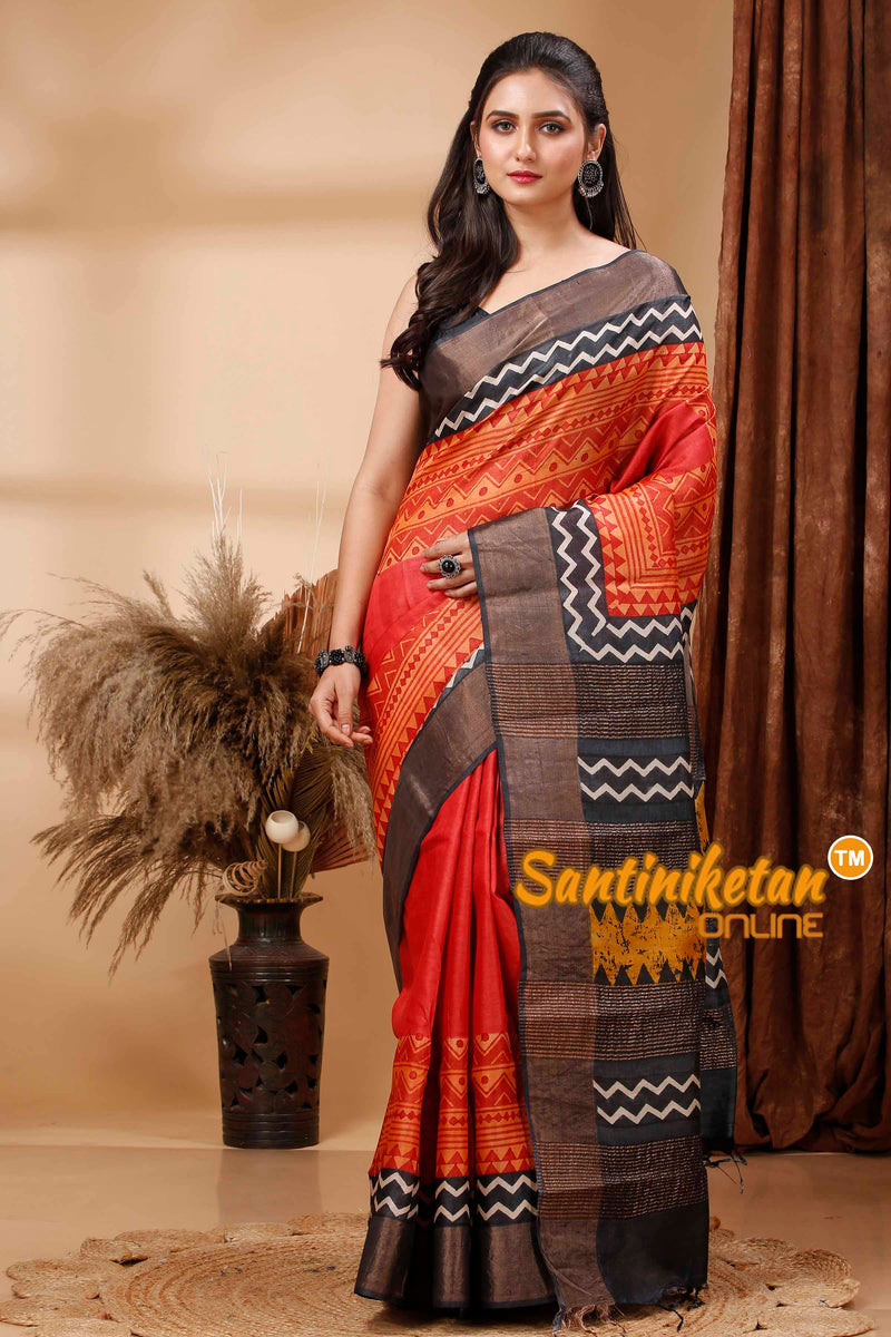 Pure Zari Tussar Hand Block Painted Saree SN202417452