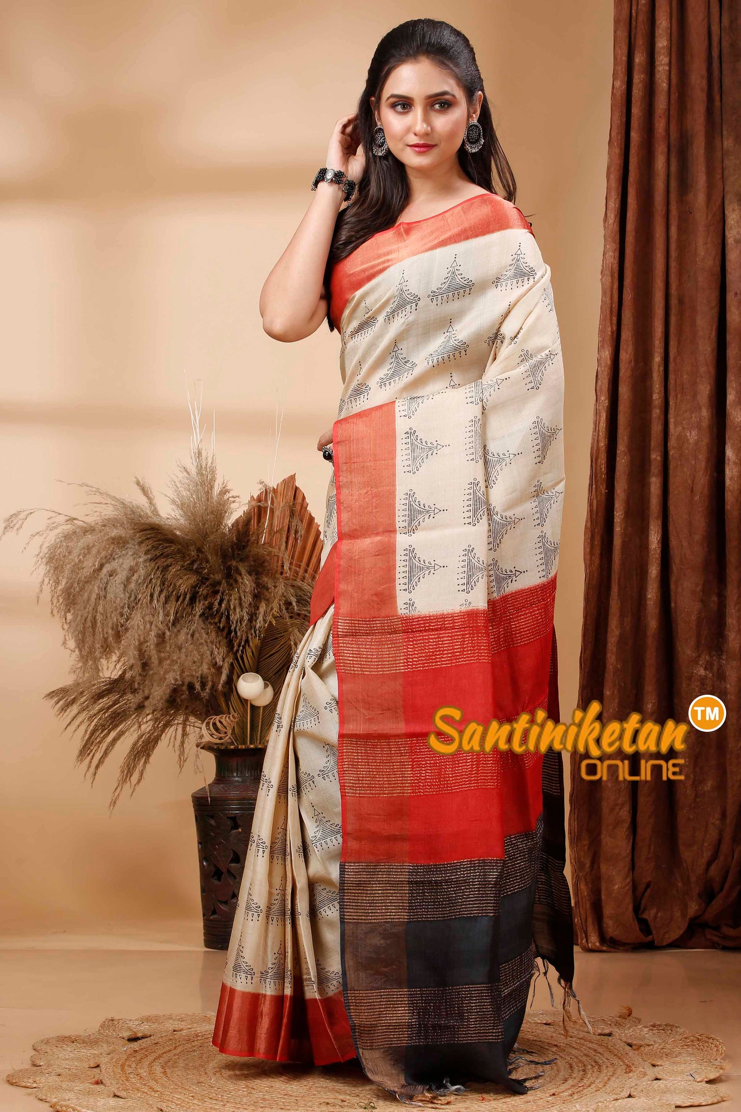 Pure Zari Tussar Hand Block Painted Saree SN202417476