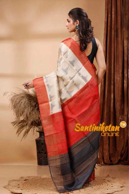 Pure Zari Tussar Hand Block Painted Saree SN202417476